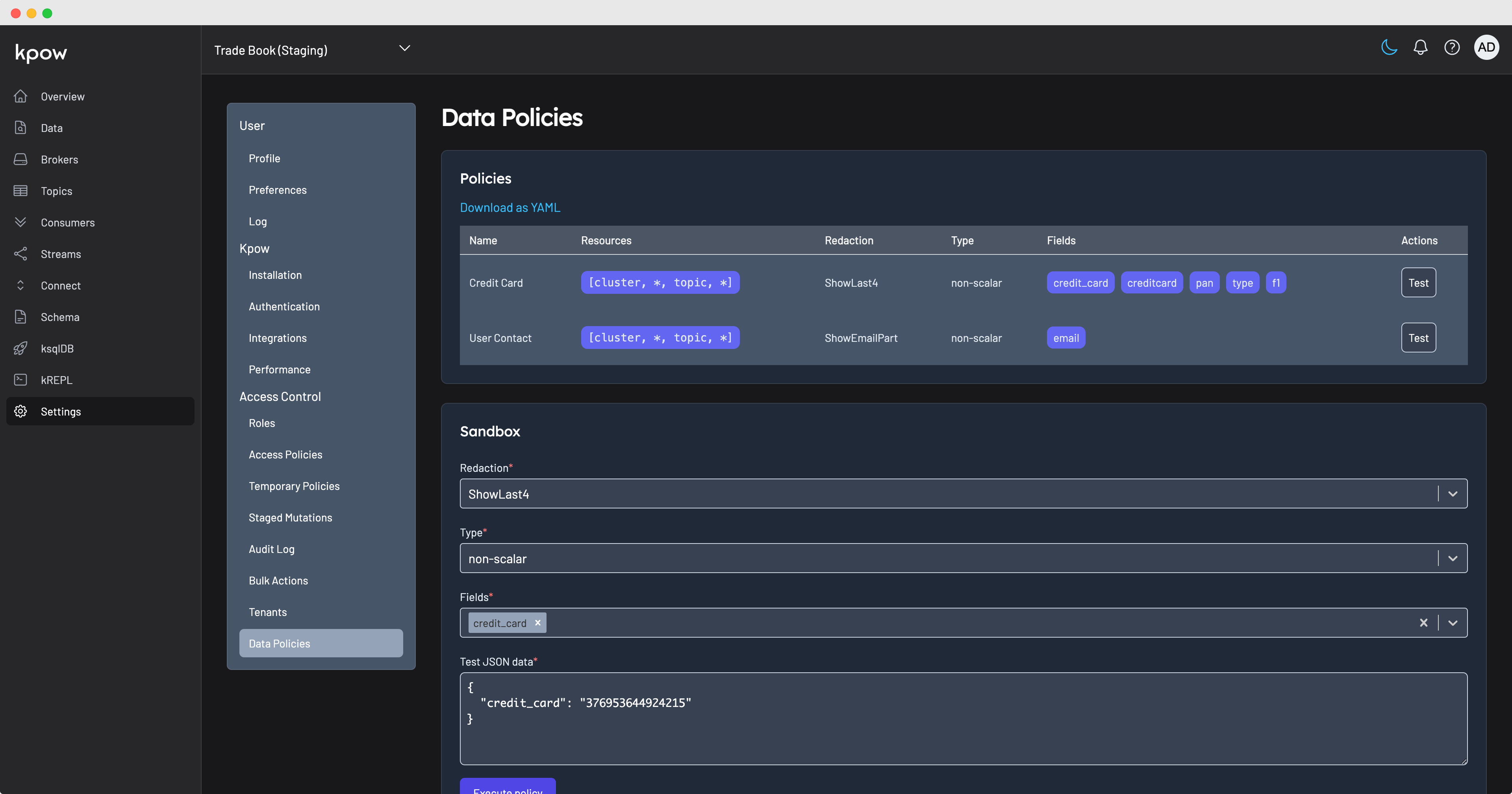 Kpow provides a Data policies sandbox