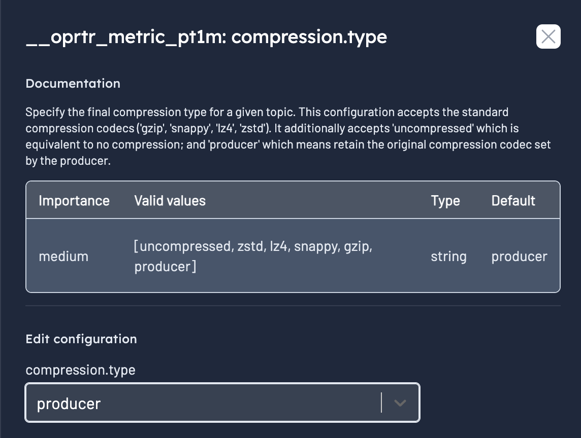 The Edit Config modal for __consumer_offsets' cleanup.policy